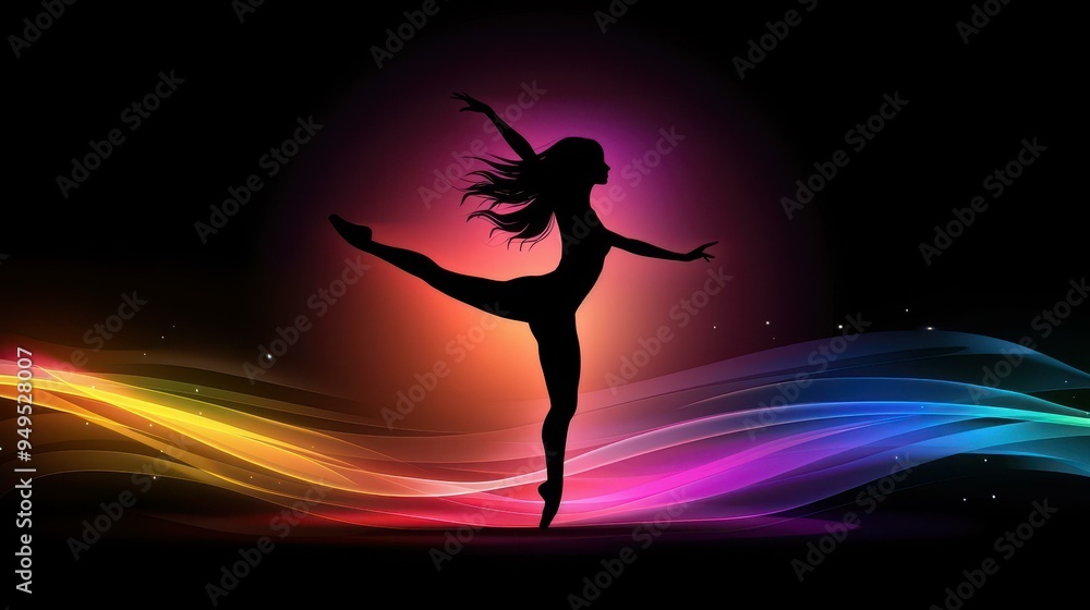 A graceful ballet dancer leaps against a dark backdrop, her silhouette glowing in vibrant colors, hair flowing elegantly. A graceful ballet dancer leaps against a dark backdrop, her silhouette glowing in vibrant colors, hair flowing elegantly.