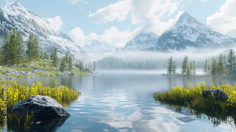 Crystal-clear mountain lake nestled among snow-capped peaks, high quality, photorealistic, with tranquil, pristine wilderness and reflective waters::0.8 hiking trails, wildflowers, early morning Crystal-clear mountain lake nestled among snow-capped peaks, high quality, photorealistic, with tranquil, pristine wilderness and reflective waters::0.8 hiking trails, wildflowers, early morning