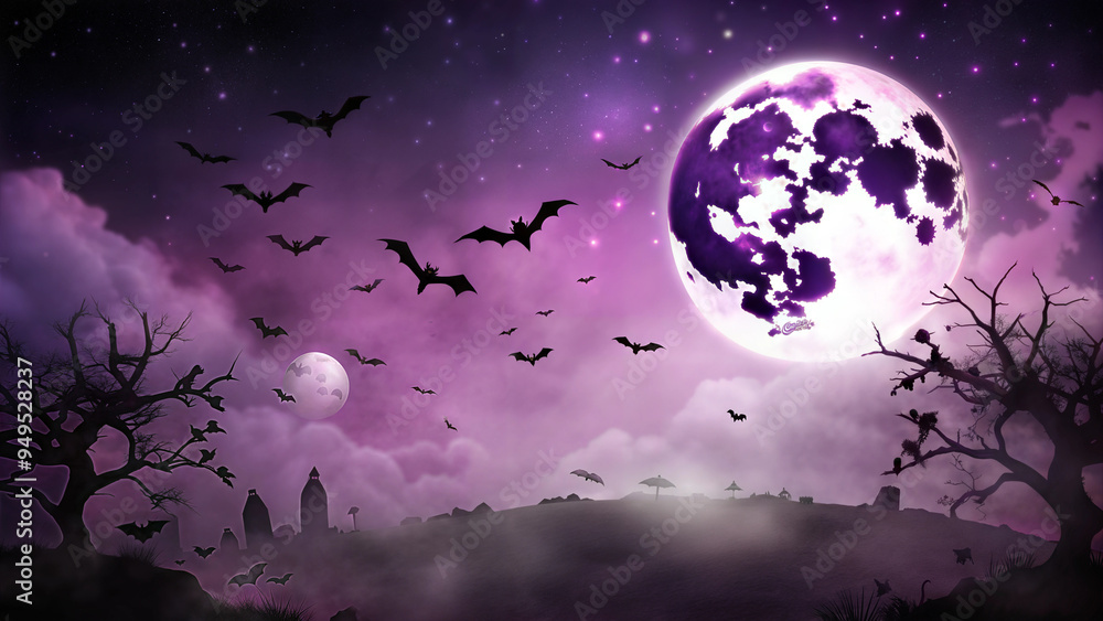 Abstract Halloween Night Sky Background with Glowing Full Moon and Scattered Bats, Ominous and Atmospheric, with Copy Space Abstract Halloween Night Sky Background with Glowing Full Moon and Scattered Bats, Ominous and Atmospheric, with Copy Space