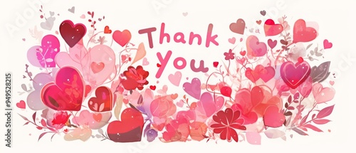 Watercolor Bouquet of Pink, Red Hearts with "Thank You" Text 