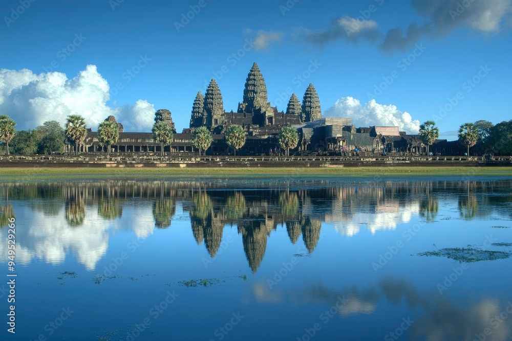 Naklejka premium Angkor Wat Temple Reflecting in Still Water Under a Blue Sky