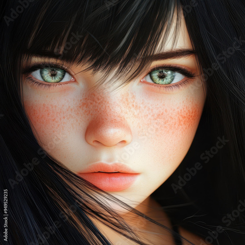 A stunning girl with strikingly bright eyes and black hair, her pale skin and freckles enhance her unique beauty. photo