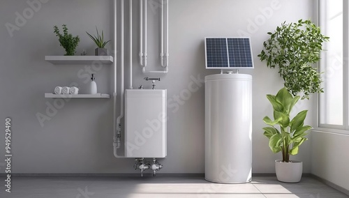 A white water tank, solar panel and home boiler on the wall in a modern bathroom interior