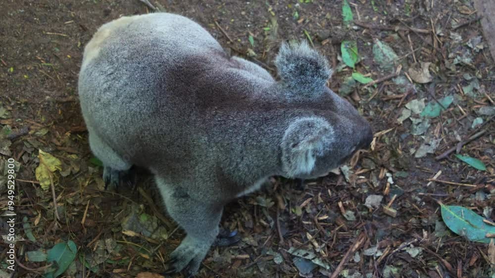 Close up shot of a captivated koala (phascolarctos cinereus), running around the ground, attempting to escape the wildlife enclosure. Close up shot of a captivated koala (phascolarctos cinereus), running around the ground, attempting to escape the wildlife enclosure.