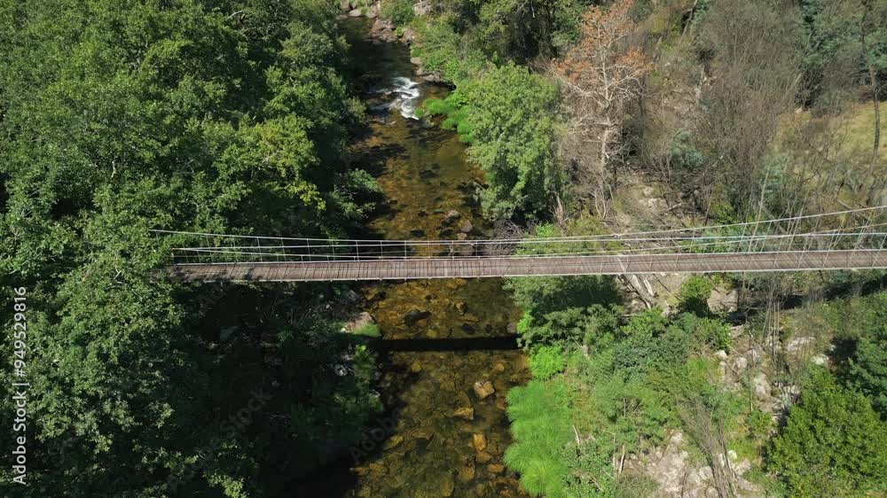 Ponte Colgante de Calvelo Bridge Across River Lérez In Pontevedra, Spain. Aerial Drone Shot Ponte Colgante de Calvelo Bridge Across River Lérez In Pontevedra, Spain. Aerial Drone Shot