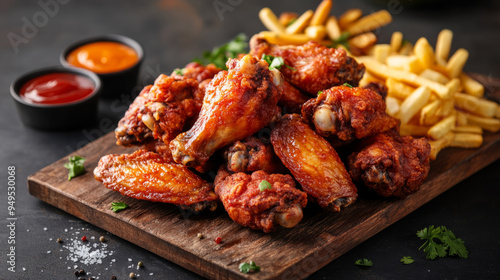 A pile of fried chicken wings on a wooden board, accompanied by side dishes such as fries and ketchup