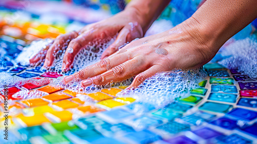 Hands Washing Colorful Mosaic Tiles: A close-up shot of hands gently rubbing soap bubbles over vibrant, multicolored mosaic tiles, creating a captivating interplay of textures and colors. 