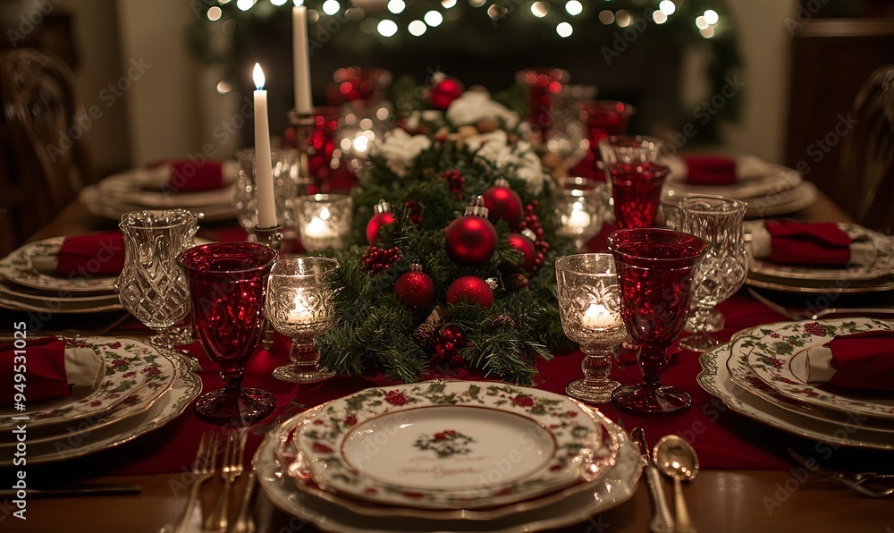 A table with a red tablecloth and a Christmas tree in the background A table with a red tablecloth and a Christmas tree in the background