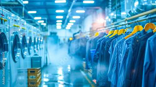 Industrial Laundry in Blue: A row of industrial washing machines hum in a brightly lit, blue-toned laundry facility, with freshly laundered garments hanging in the foreground, ready for distribution. photo