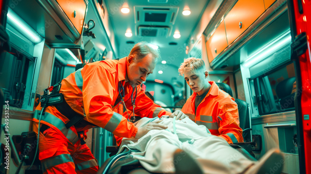 Emergency Response: A critical moment in the back of an ambulance. Two paramedics, wearing orange jackets, attend to a patient in need. The urgency and dedication of the healthcare professionals are Emergency Response: A critical moment in the back of an ambulance. Two paramedics, wearing orange jackets, attend to a patient in need. The urgency and dedication of the healthcare professionals are