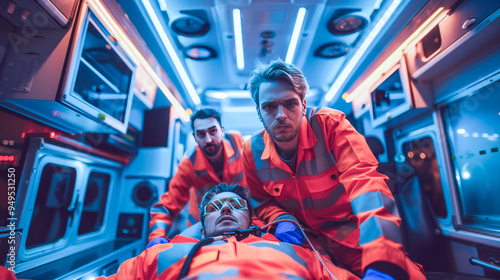 Ambulance Interior: A dramatic scene inside an ambulance,  with paramedics attending to a patient in need. The blue and red lights create a sense of urgency and urgency.  The image captures the intens photo