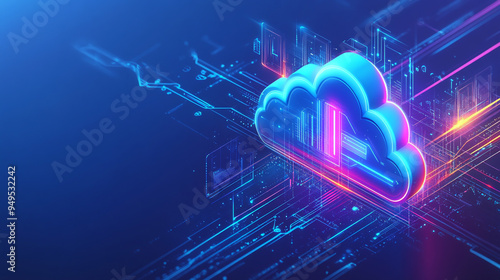 Abstract cloud storage computing architecture background with cloud icon showcasing a futuristic server and data transmission with advanced virtual machines photo