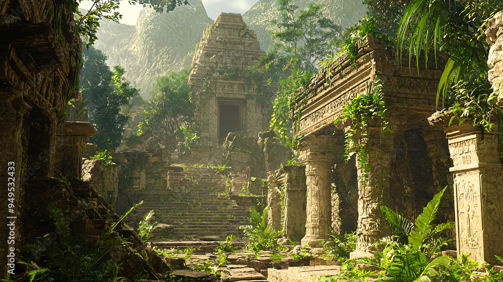 Majestic ancient ruins set amid lush greenery, high quality, photorealistic, evoking the mystery of lost civilizations with stone structures and overgrown vegetation::1.2 temples, pillars, sacred Majestic ancient ruins set amid lush greenery, high quality, photorealistic, evoking the mystery of lost civilizations with stone structures and overgrown vegetation::1.2 temples, pillars, sacred