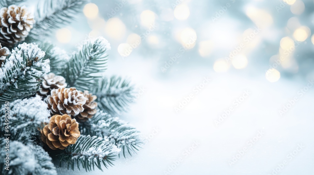 Festive Christmas Tree Border with Snow, Decorations, and Bokeh Effect on White Background with Blue Frame - Holiday Greeting Card Concept Festive Christmas Tree Border with Snow, Decorations, and Bokeh Effect on White Background with Blue Frame - Holiday Greeting Card Concept