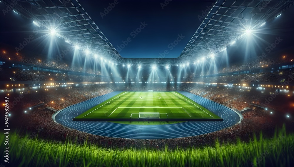 A large stadium with bright lights and green grass, full of cheering fans at night Generative AI A large stadium with bright lights and green grass, full of cheering fans at night Generative AI