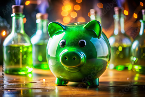 Green Piggy Bank With Bottles On Wooden Table, Bokeh Lights