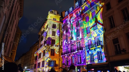 Colorful projections on historic buildings at night. photo