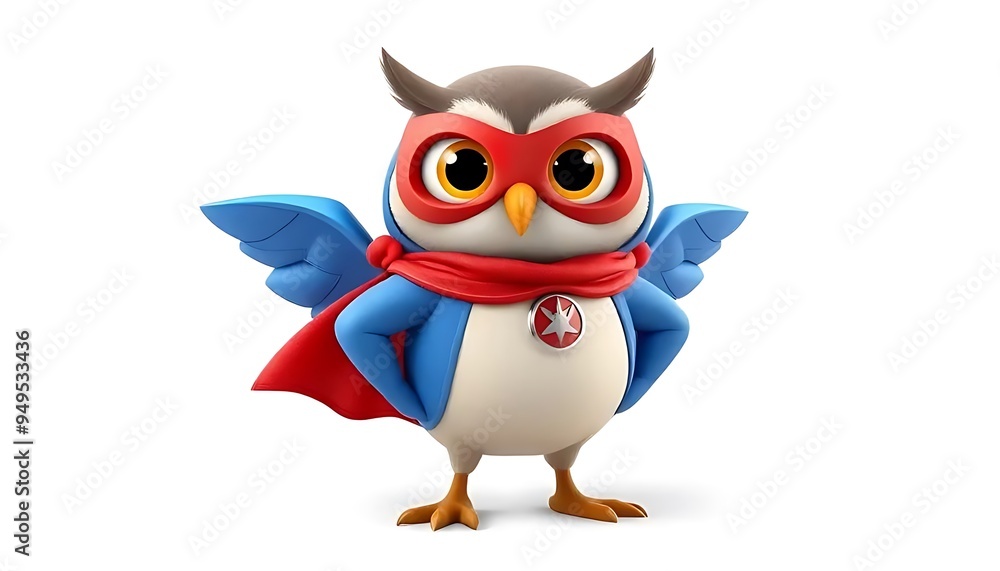 Obraz premium Cute Cartoon Owl Superhero Character with Cape and Mask