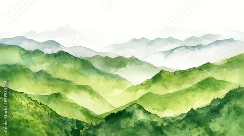 A watercolor and ink sketch of a fresh green mountain landscape