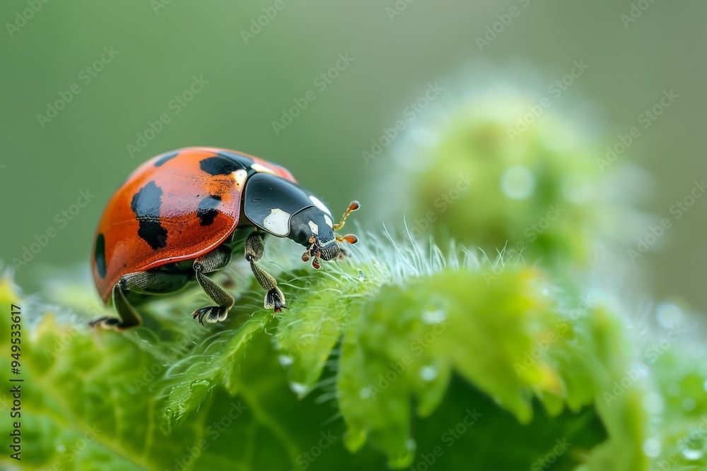 A distinctive ladybug perches on top of a vibrant green plant, Small, yet striking in its unique markings A distinctive ladybug perches on top of a vibrant green plant, Small, yet striking in its unique markings