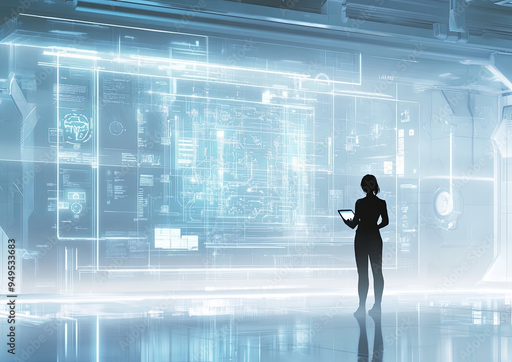 A woman stands in front of a large computer screen, looking at it intently A woman stands in front of a large computer screen, looking at it intently