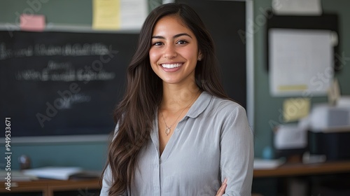 A woman with long hair is smiling in front of a chalkboard