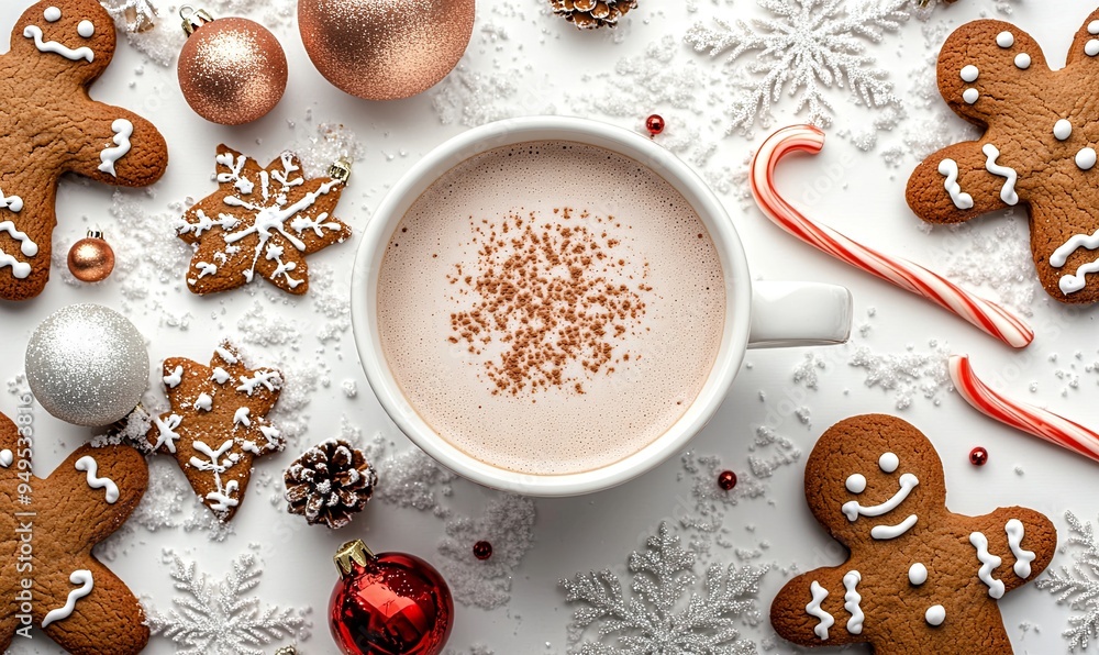 A mug of hot chocolate is surrounded by gingerbread men A mug of hot chocolate is surrounded by gingerbread men