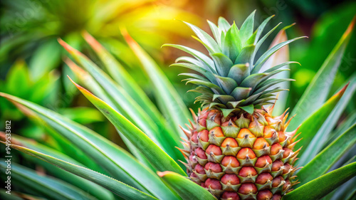 Closeup Of A Pineapple Growing On A Plant With Green Leaves.