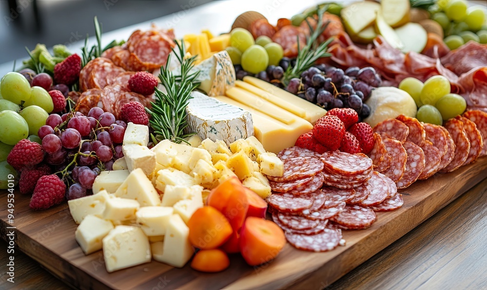 A wooden platter with a variety of fruits and cheese, including grapes, apples A wooden platter with a variety of fruits and cheese, including grapes, apples