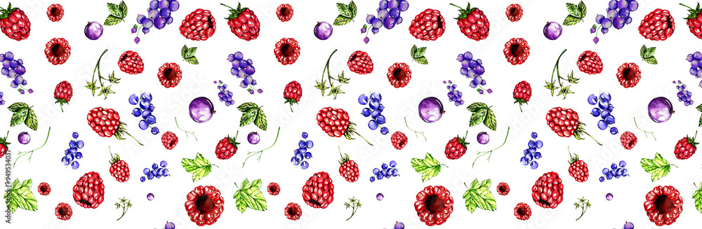 Seamless Pattern Black Currant, Raspberries Watercolor Illustration Isolated on White Background. For Cards, Invitations, Packaging, Stationery, Textiles Seamless Pattern Black Currant, Raspberries Watercolor Illustration Isolated on White Background. For Cards, Invitations, Packaging, Stationery, Textiles