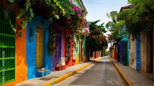 Colorful street with vibrant buildings and lush greenery.