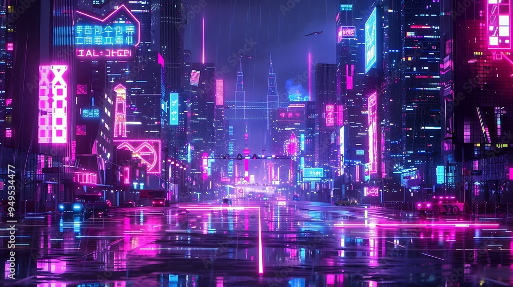 Fototapeta premium Cyberpunk city wall graffiti neon glow concept.