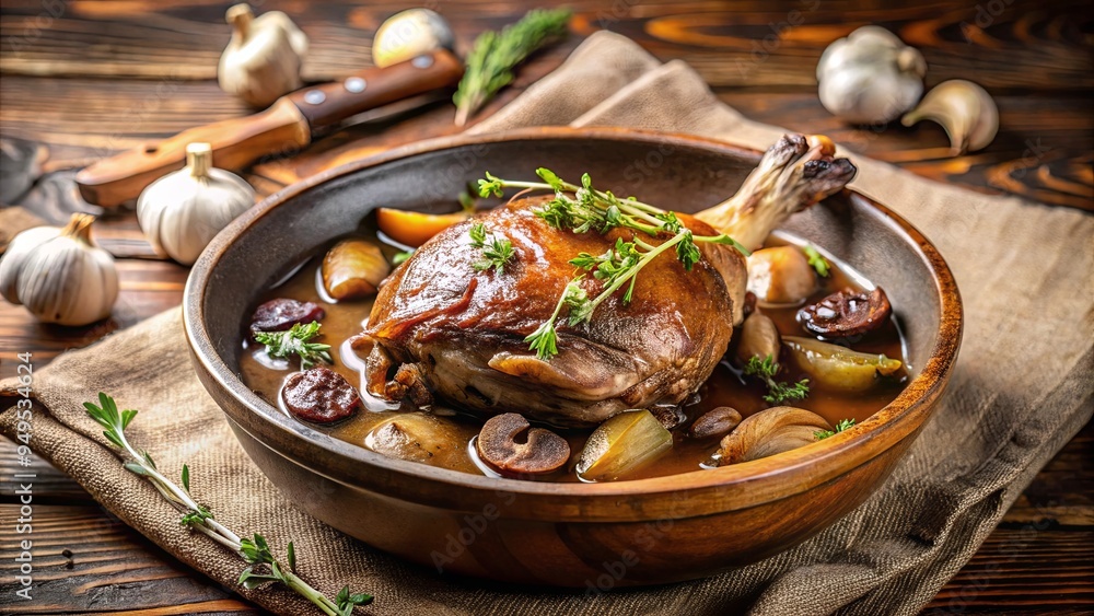 Elegant French cuisine dish duck confit matignon with garlic and mushrooms in rich sauce served in rustic bowl Elegant French cuisine dish duck confit matignon with garlic and mushrooms in rich sauce served in rustic bowl