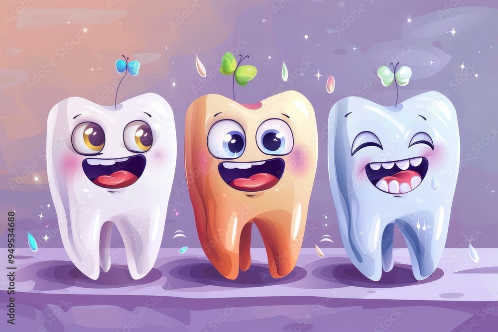 Obraz premium Three animated toothbrushes with eyes and mouths smiling happily, Smiling cartoon tooth characters