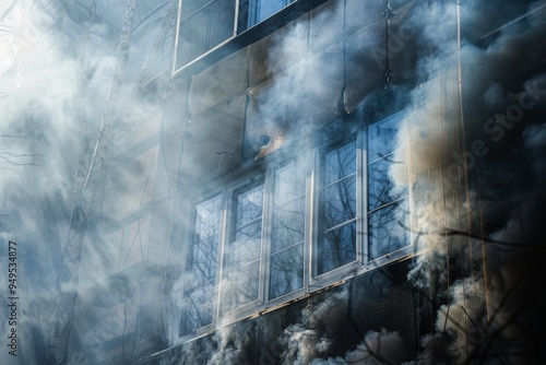 Thick smoke billows from the windows of a building as fire spreads, Smoke billowing from windows as fire spreads photo