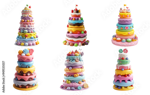 Colorful stacked donut towers in various sizes isolated on transparent background