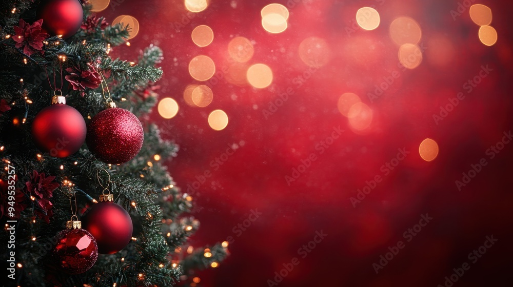 Festive Christmas Tree with Red Ornaments on Red Background with Text Space, Holiday Concept Festive Christmas Tree with Red Ornaments on Red Background with Text Space, Holiday Concept