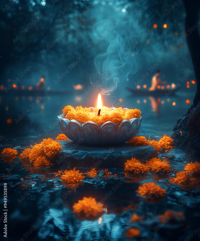 A diya encircled by marigold flowers sits by the riverside, during a puja. A diya encircled by marigold flowers sits by the riverside, during a puja.
