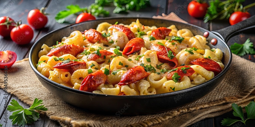 Delicious lobster mac and cheese in a skillet, garnished with parsley and spices Delicious lobster mac and cheese in a skillet, garnished with parsley and spices