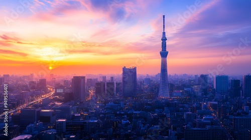 Tokyo Skytree: The Tokyo Skytree towering over the city skyline at dusk, with the city lights beginning to glow.

