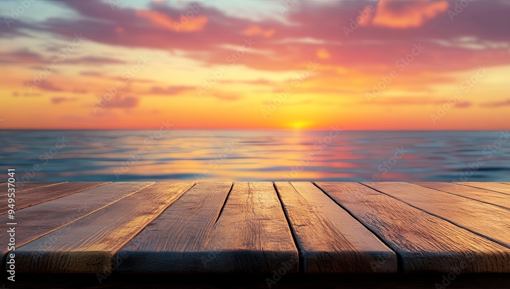 A wooden table with a view of the ocean and a sunset in the background A wooden table with a view of the ocean and a sunset in the background