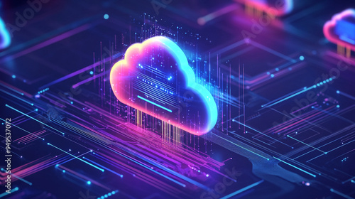 Abstract cloud storage computing architecture background with cloud icon showcasing a futuristic server and data transmission with advanced virtual machines photo