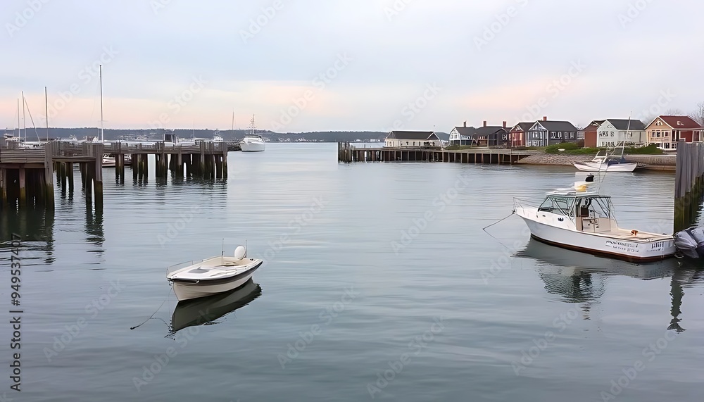 Fototapeta premium Calm Harbor with Boats Docks and Houses