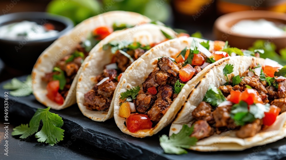 Four tacos arranged neatly on a slate surface, filled with seasoned meat, fresh vegetables, and garnishes, representing a delicious and vibrant culinary delight. Four tacos arranged neatly on a slate surface, filled with seasoned meat, fresh vegetables, and garnishes, representing a delicious and vibrant culinary delight.