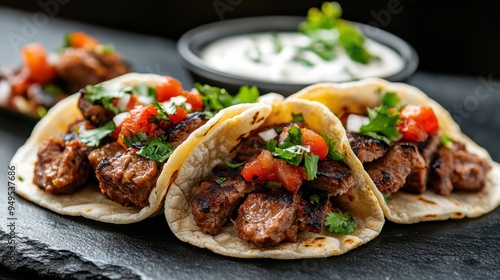 Three appetizing tacos filled with seasoned meat and fresh vegetables, beautifully arranged on a dark slate surface with garnishes and dipping sauce.