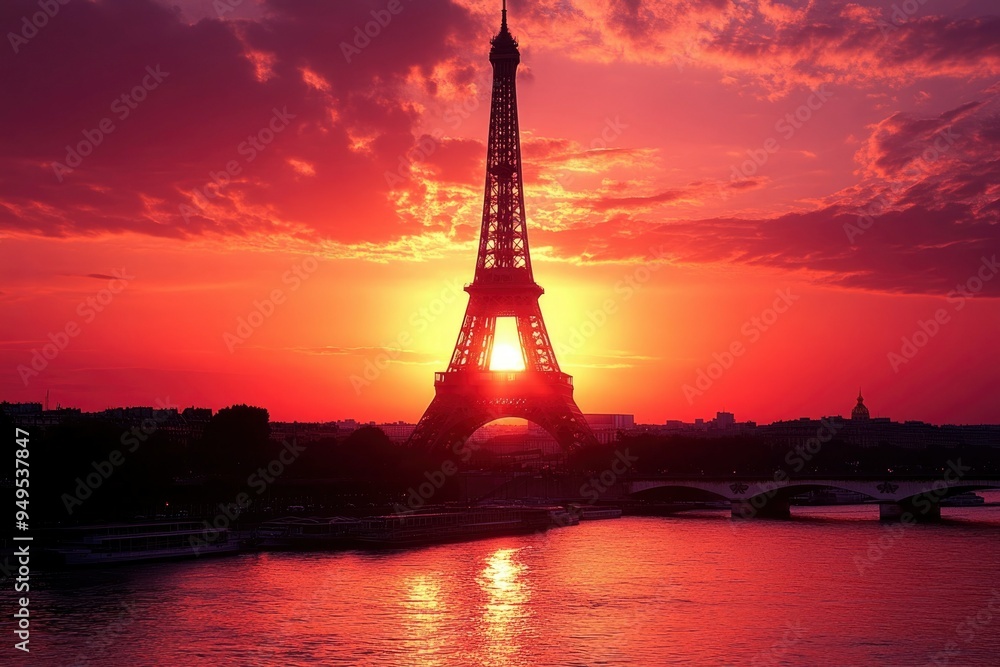 Fototapeta premium Silhouette of the Eiffel Tower at Sunset with Red Sky and Water Reflections