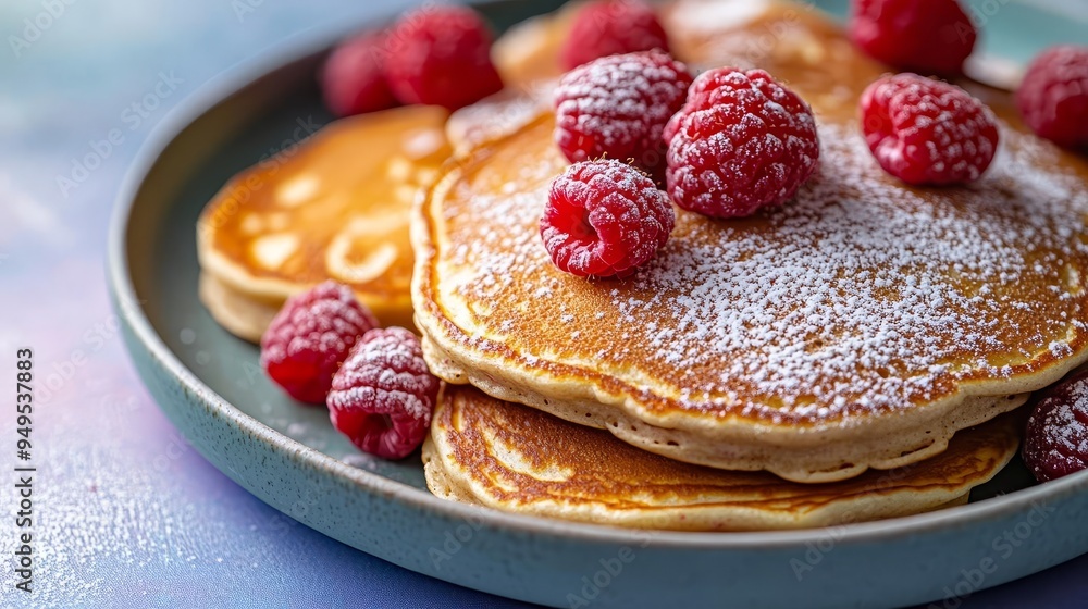 Close-up of pancakes with powdered sugar dusting and fresh raspberries on a gradient background of midnight blue and pale lavender Close-up of pancakes with powdered sugar dusting and fresh raspberries on a gradient background of midnight blue and pale lavender