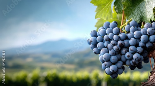 This photograph captures a bunch of grapes hanging on a vine with lush green leaves, framed by a picturesque background of mountains and a clear blue sky. photo