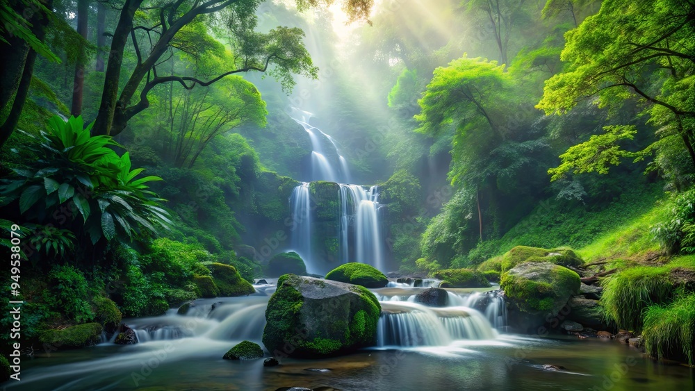 A serene forest waterfall with misty surroundings and lush greenery A serene forest waterfall with misty surroundings and lush greenery
