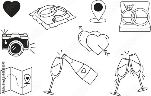 Icons for invitations wedding party married couples ring doodle vector illustrations line art simple
